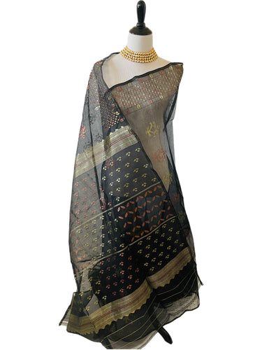 Authentic Dhakai Jamdani Muslin Saree from Bangladesh | Handwoven | Black | Gold and Copper Threads | Ships from California